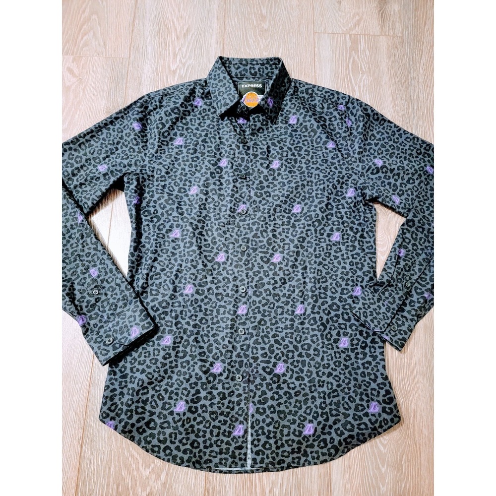 Lakers Button Down Leopard Print Shirt Mens Size S Slim Gray Black Long Sleeve - Picture 2 of 6